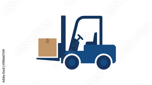 A blue forklift truck is lifting a brown cardboard box on its forks, symbolizing logistics and material handling.