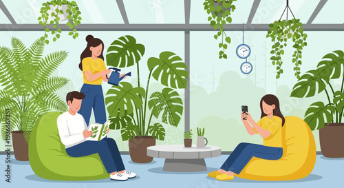 People Relaxing and Gardening in a Greenhouse.