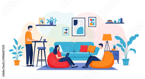 People working remotely in a modern living room setting.