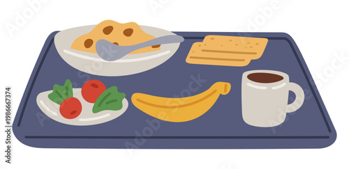 Tray with school breakfast. Porridge bowl. Bread slices. Vegetables salad. Banana fruit and drink cup. Healthy morning meal. Lunch food serving. Coffee mug. Vector brunch eating concept
