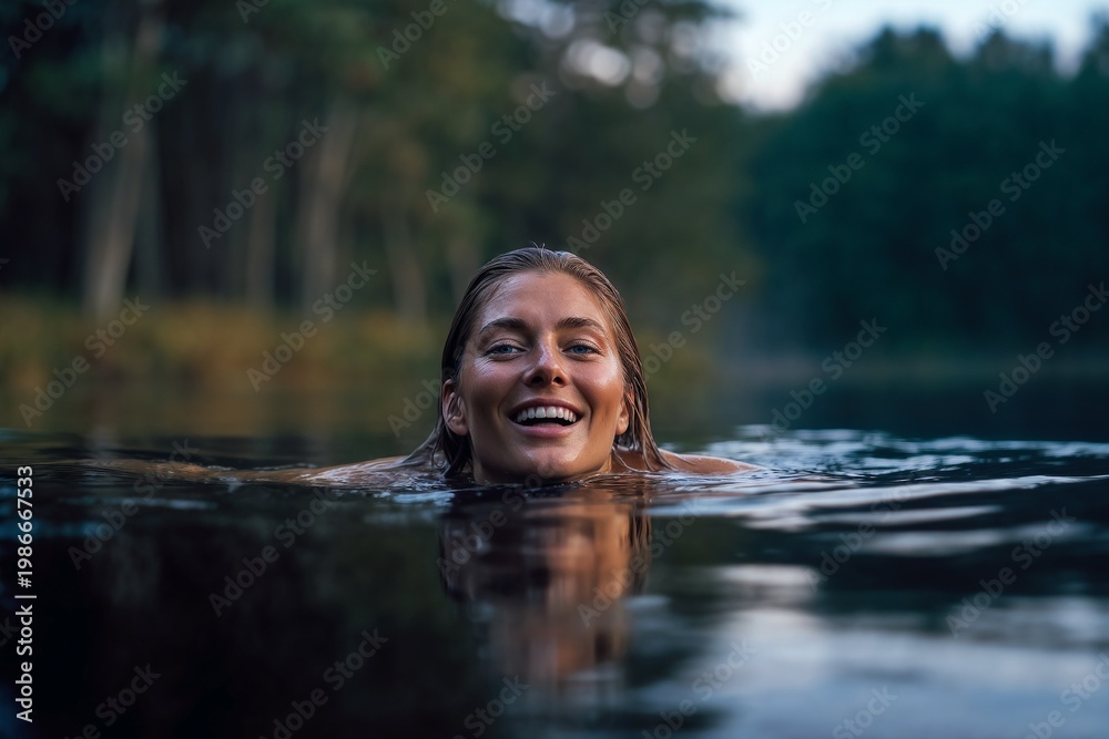 Fototapeta premium Portrait young woman, girl with wet hair smiling happily while bathing, swimming in a dark forest lake during a peaceful summer evening, enjoying refreshing water and quiet nature, outdoors