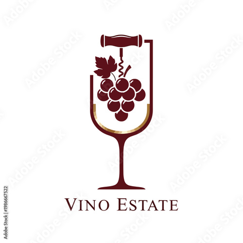 Elegant wine logo design with grape bunch and corkscrew inside a glass.