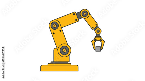 A yellow robotic arm with a gripper is shown against a white background, illustrating industrial automation.