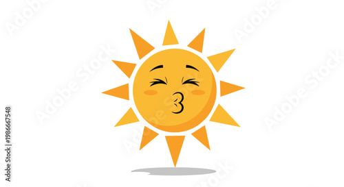 Friendly cartoon sun character with a kissing face and closed eyes radiates warmth and happiness on a white background.