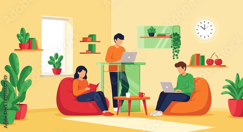 People working and studying in a cozy living room.