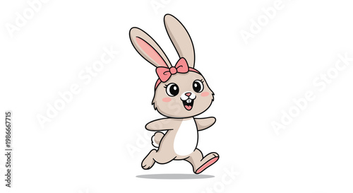 Joyful cartoon bunny rabbit with a pink bow running happily across a white background in a cute illustration.