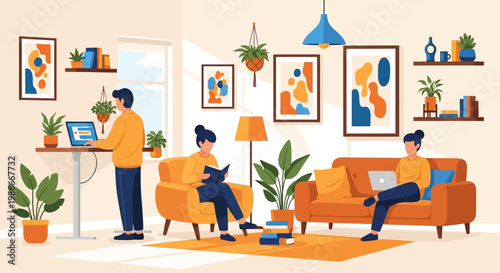 People working and studying in a cozy living room environment.
