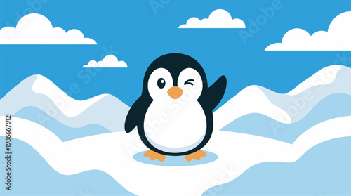 Cute penguin standing on icy landscape with ocean waves in flat vector style