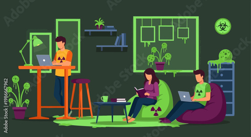 People working and studying in a modern creative space.