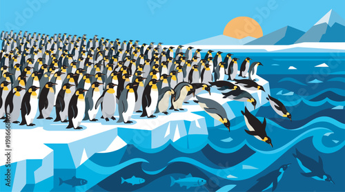 Large colony of penguins on icy shore landscape illustration