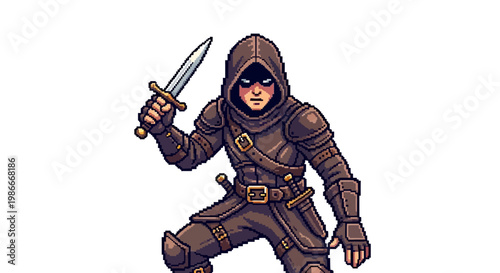 Mysterious hooded rogue holding a dagger ready for action.