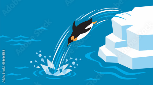 Penguin jumping into ocean water near icebergs vector illustration