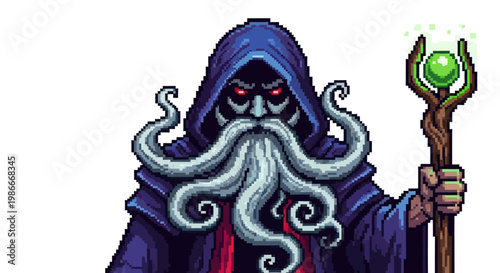 Mysterious Wizard Holding Magical Staff with Glowing Orb.