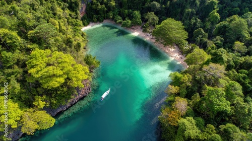 Aerial View of Serene Tropical Lagoon Surrounded by Lush Green Forest and Vibrant Blue Waters