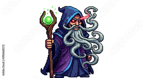 Mysterious Wizard with Glowing Staff and Tentacle Beard.