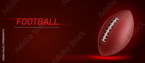 Realistic American football ball. Sport championship banner. Competitive game. Leather play accessory with lace seam for rugby. Professional league. Vector competition flyer design