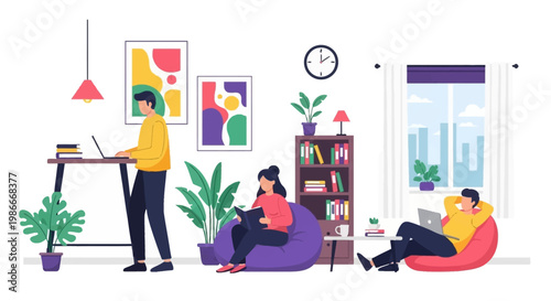 People working and studying in a modern home office setting.