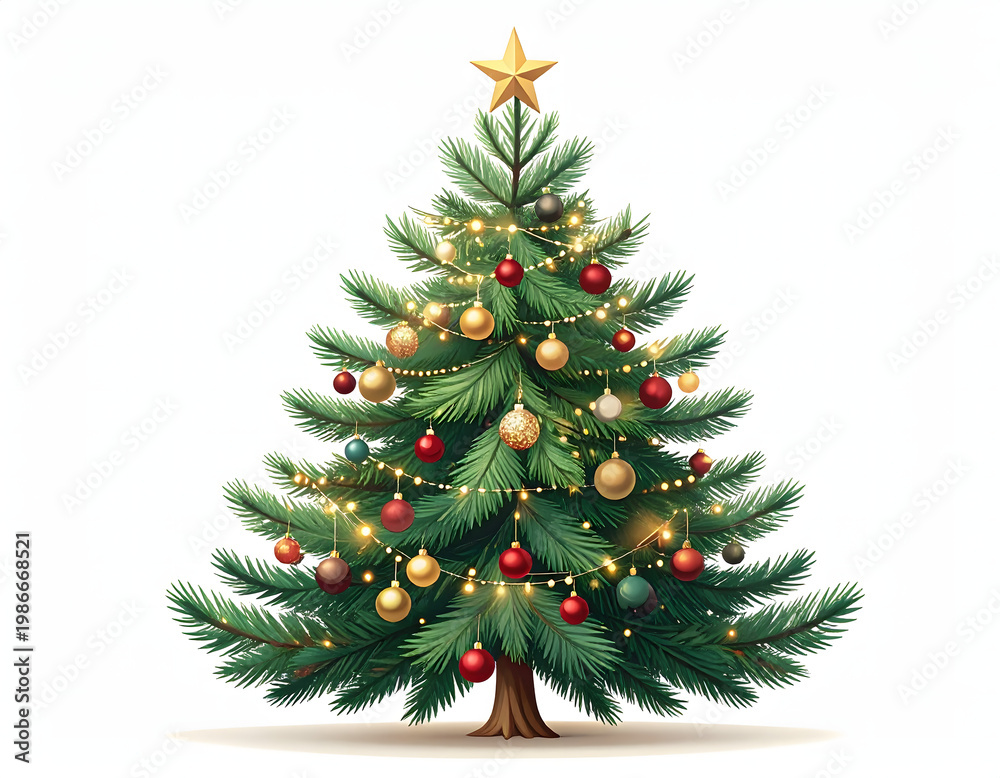 Fototapeta premium A beautifully decorated Christmas tree with glowing lights and ornaments, featuring a golden star topper, set against a clean white background, evoking a festive and warm holiday spirit