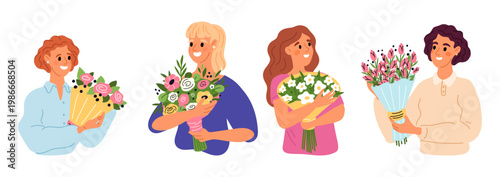 Joyful young women hold bouquets of flowers in their hands. Beautiful girls with blossoms. Holiday congratulation. Gift roses to girlfriend. Blooms for mother. Vector happy females set