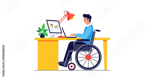 Man in wheelchair working on laptop at desk.