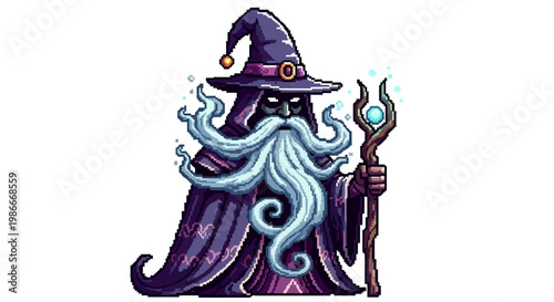 Mysterious Wizard with Long White Beard and Magic Staff.