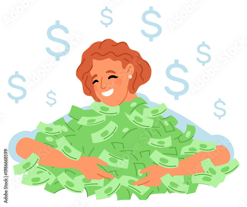 Joyful girl hugs pile of money. Financial prosperity. Young woman holding banknotes heap. Investment profit. Happy businesswoman. Finance savings. Vector concept of success and wealth