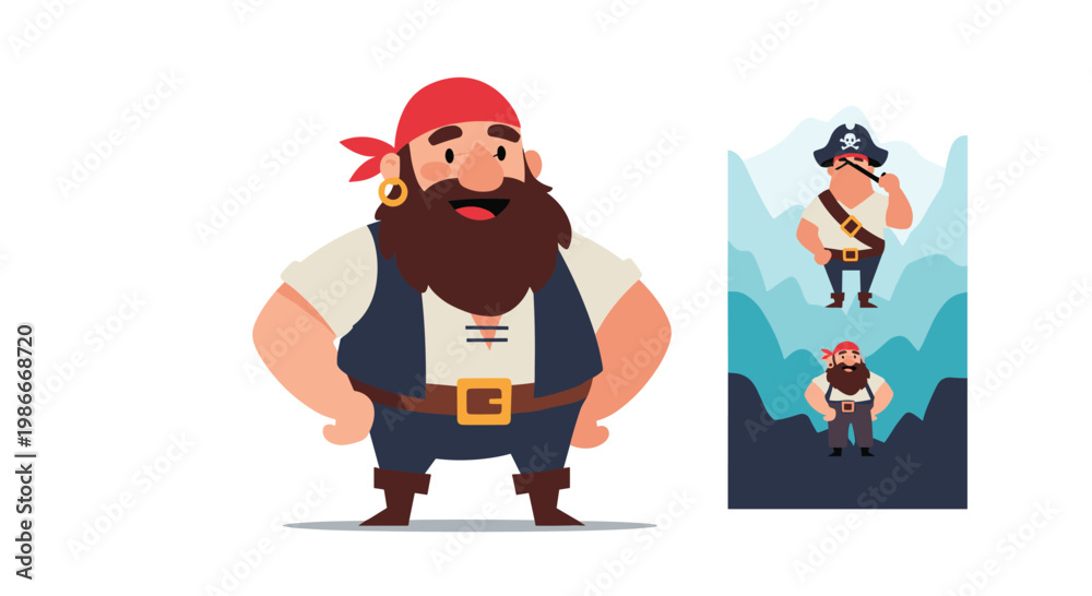 Fototapeta premium Bearded cartoon pirate captain wearing a red bandana and navy vest standing confidently with hands on hips against a plain white background.