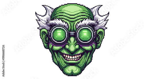 Mad Scientist Green Character Face with Goggles.