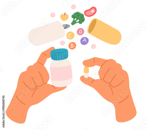 Hands holding bottle of vitamin complexes. Person taking vitamins for health and longevity. Pharmaceutical prescription pills. Medicine and health care. Remedy drugs. Vector concept