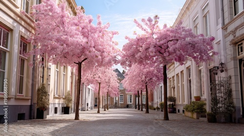 Serene Street with Blooming Cherry Blossom Trees Under Clear Blue Sky in Idyllic European Neighborhood