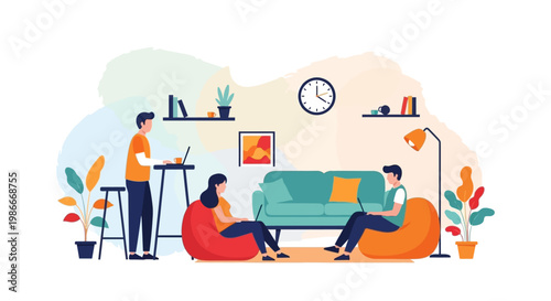 People working and relaxing in a modern living room.