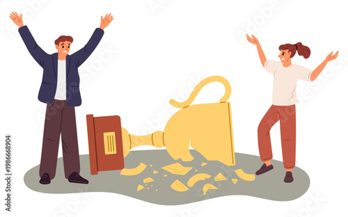Distressed man and woman near broken trophy cup. Lost award or defeat. Achievement failure. Unhappy people with damaged reward. Gold goblet lose. Frustrated businessman. Vector concept