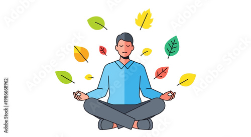 Man meditating peacefully surrounded by colorful autumn leaves.