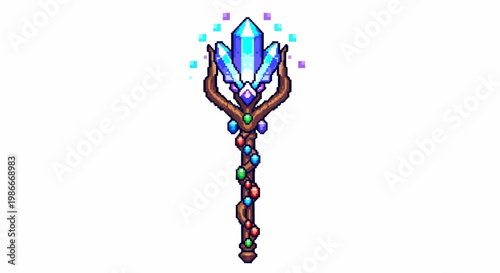 Magical Crystal Staff with Glowing Blue Gemstones and Ornate Handle.