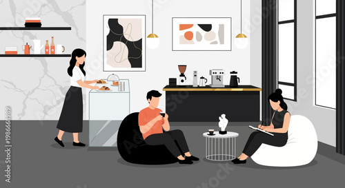 People relaxing in a modern cafe enjoying drinks and conversation.