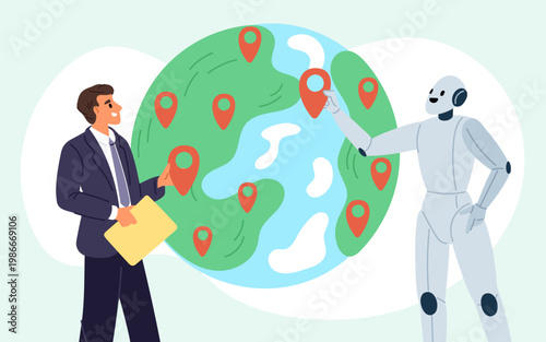 Businessman and robot place geotags on planet Earth. Man uses artificial intelligence for globalization. Innovation AI robotic technology. GPS pins. Global partnership. Vector concept