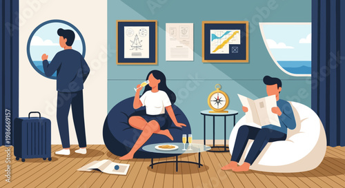 People relaxing in a modern cruise ship cabin.