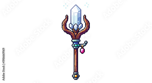 Magical Crystal Staff with Ornate Wooden Handle and Gemstone Accent.