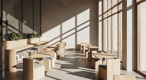 Sunny Modern Dining Area with Wooden Seating and Large Windows
