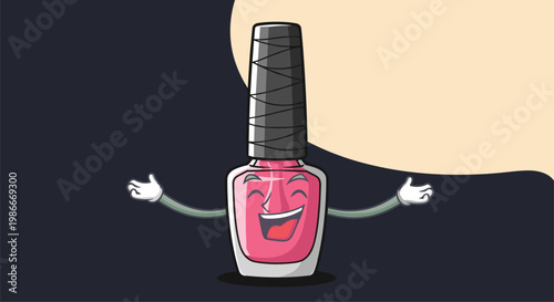 Cheerful pink nail polish bottle character with a happy smiling face and open arms celebrating beauty and fashion on a dark background.