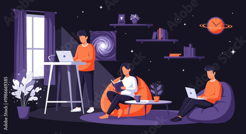 People working remotely in a cozy and futuristic home office environment.