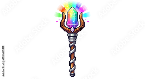 Magical Crystal Staff with Rainbow Aura and Horns.