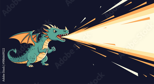 Powerful green dragon with orange wings and horns breathing a massive blast of orange fire against a solid dark navy blue background.