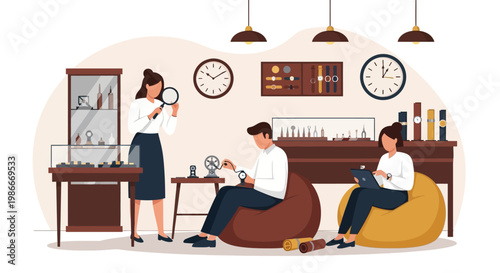 People working in a jewelry store examining watches.