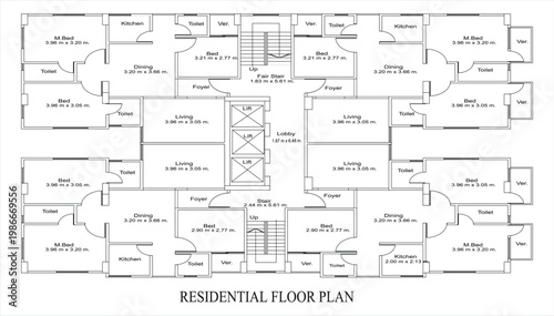 Residential Apartment Floor Plan, Clean CAD-style Vector Illustration Isolated on White Background, EPS 10