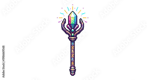 Magical Crystal Staff with Rainbow Gemstone and Ornate Handle.