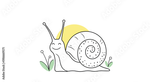 Adorable cartoon snail with a happy smiling face crawling past green plants under a bright yellow sun on a clean white background.