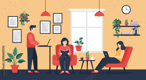 People working and reading in a cozy living room setting.