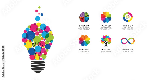 Colorful creative idea icons and light bulb