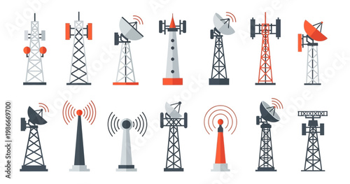 Set of telecommunication towers and satellite dishes flat vector illustration for wireless communication network